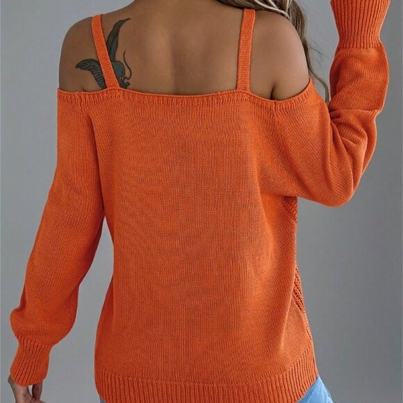 Orange Casual Women's Plaid Print Open Shoulder Long Sleeve Pullover Sweater - Picture 2 of 5